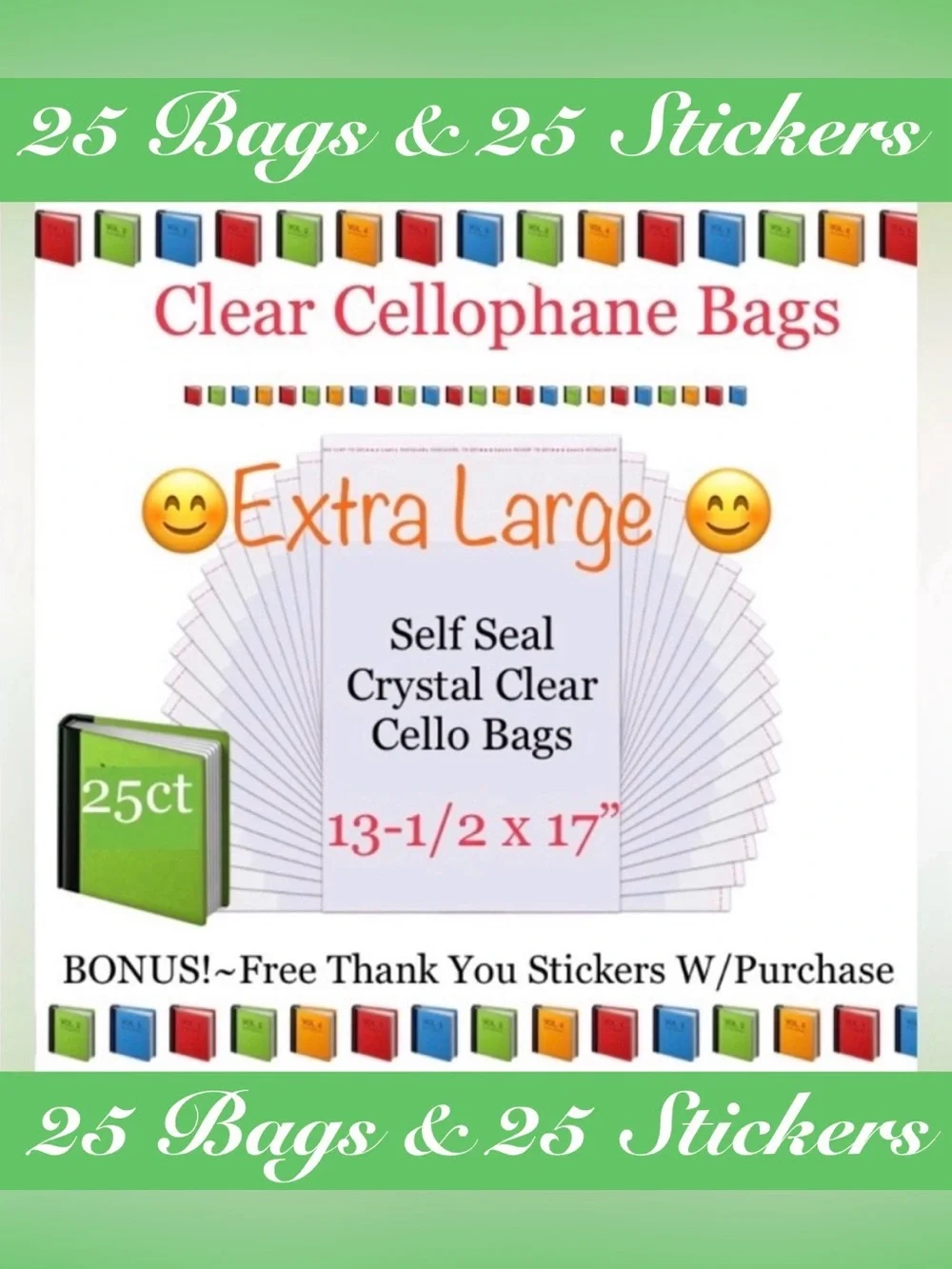 Ex-Large 25ct Clear Self Seal Cello Bags W/ Free Stickers 📕🆕📕